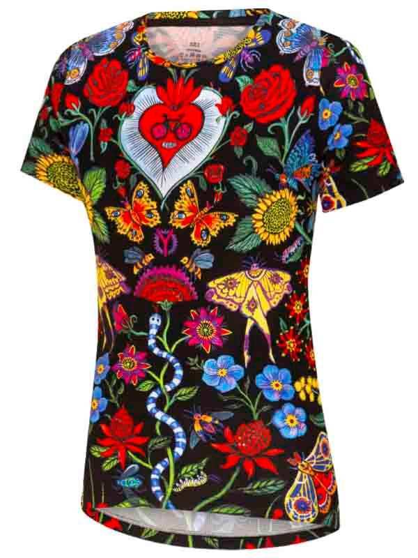Women's cycling jersey with vibrant floral and butterfly print, featuring heart and snake motifs on black background
