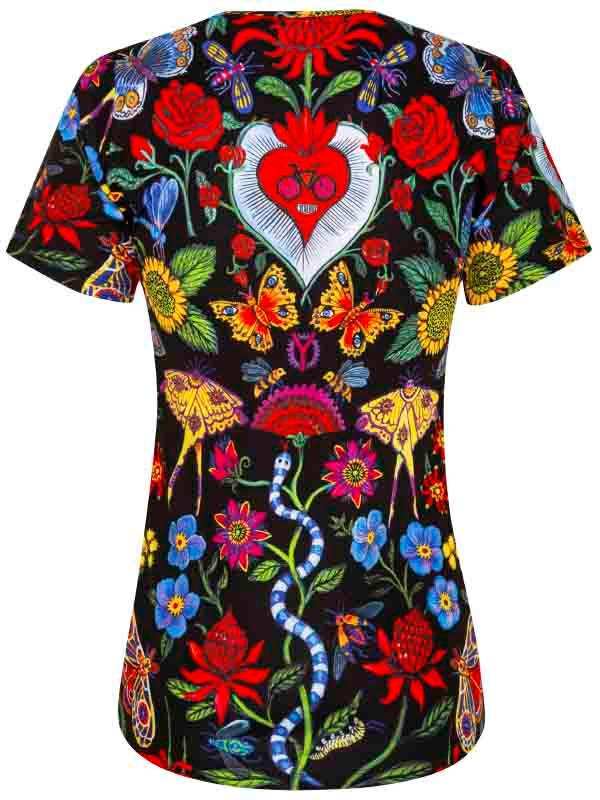 Vibrant floral and butterfly print women's cycling jersey with heart design, bold colors, and nature motifs