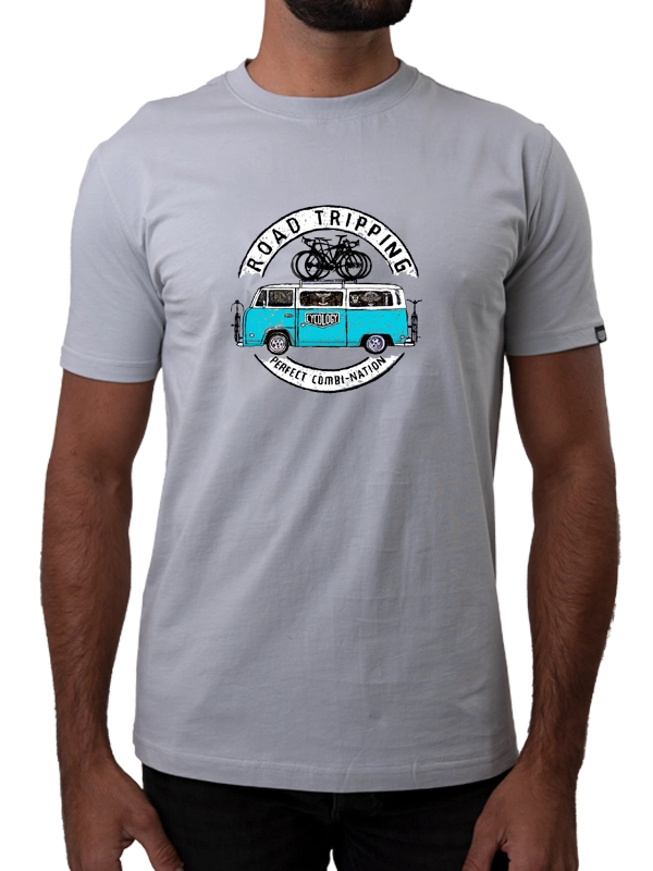 Gray t-shirt with a graphic of a vintage van and 'Road Tripping' text