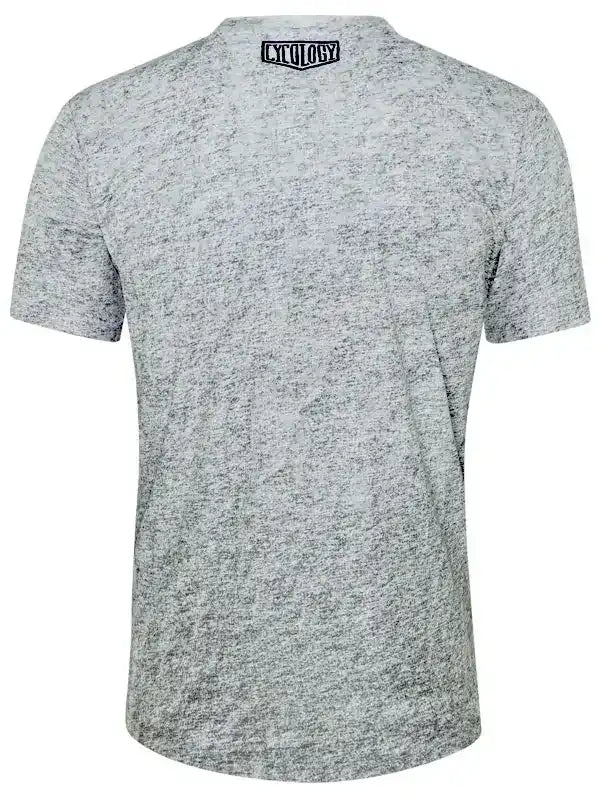 Grey heathered cycling t-shirt with Cycology logo at back neck, short sleeve performance wear