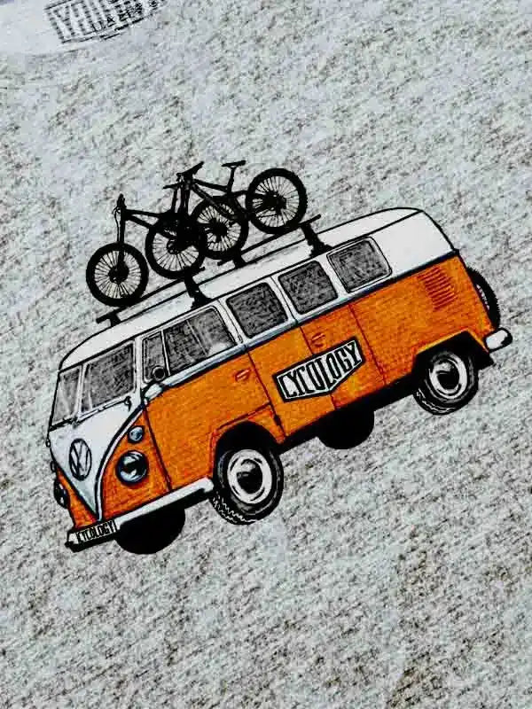 Cycling-themed graphic tee with vintage van and bikes, ideal for cycling enthusiasts.