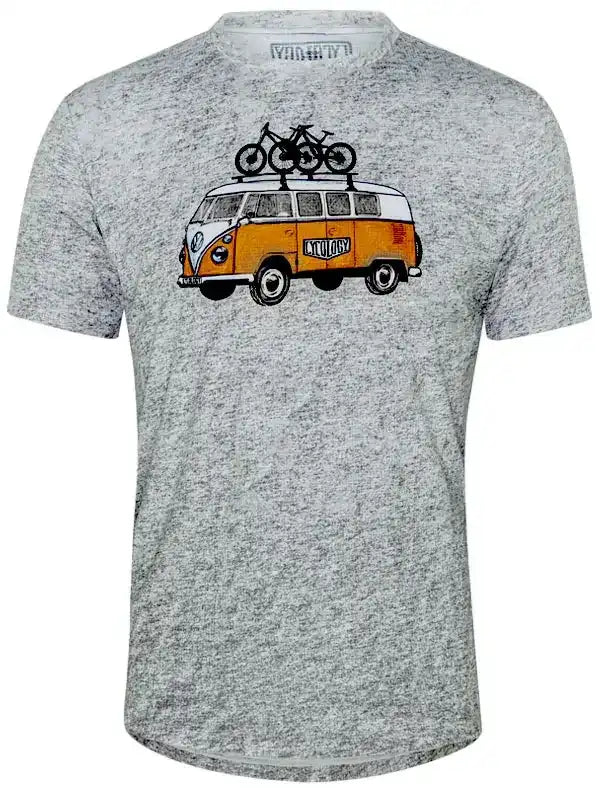 Grey cycling t-shirt with vintage van graphic carrying mountain bikes, ideal for bike enthusiasts and outdoor adventures.