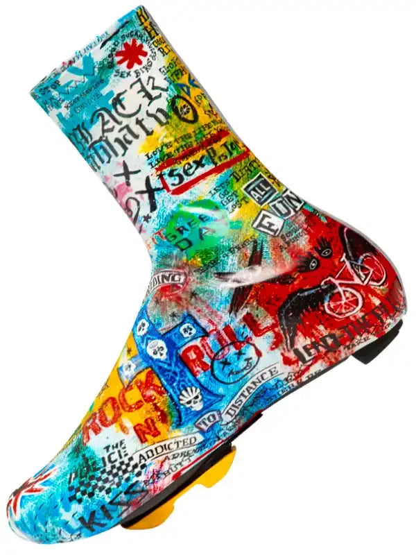 Colorful graffiti-style cycling shoe cover with bold text and bike graphics for road riders