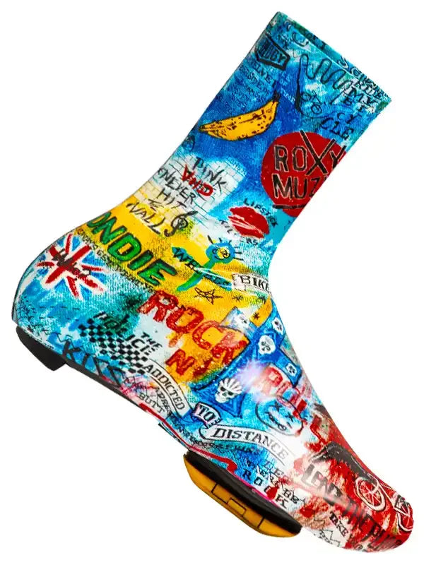 Colorful cycling shoe cover with rock band graphics and bold text designs