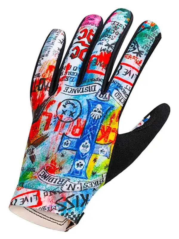 Colorful graffiti-style cycling glove with bold graphics and black palm grip