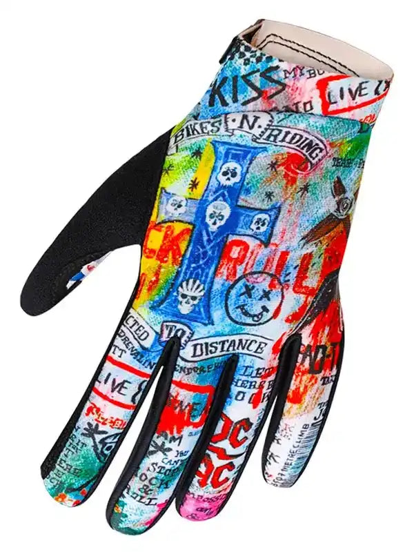 Colorful graffiti-style cycling glove with skull and text designs, ideal for men's and women's bike rides.