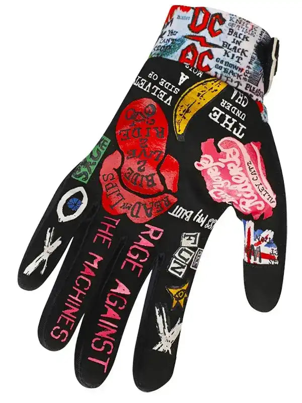 Black cycling glove with bold graphic patches, band logos, and punk-style text for men's and women's bike rides