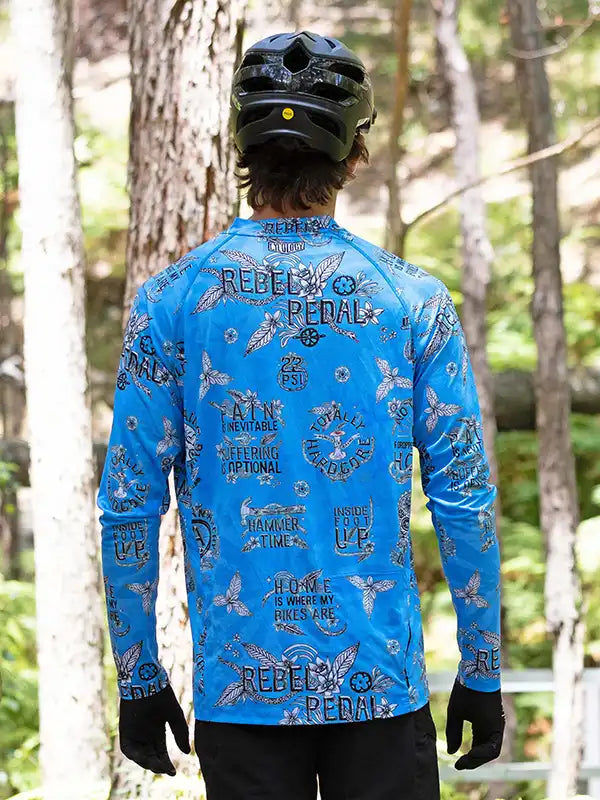 Rebel Pedal Long Sleeve Blue Men's Mountain Bike Jersey on model | Cycology AUS