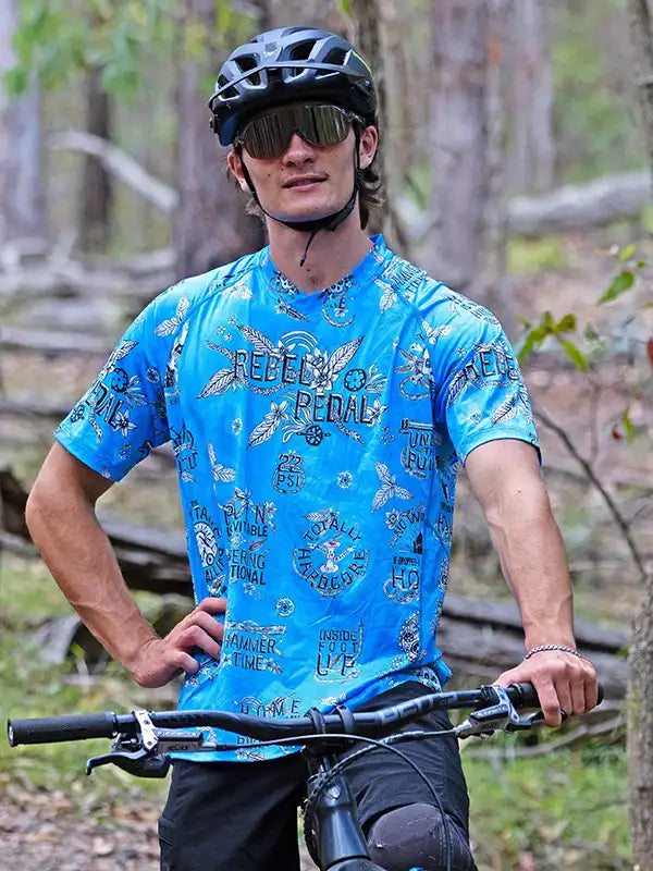 Rebel Pedal Blue Short Sleeve Men's MTB Jersey on Model | Cycology AUS