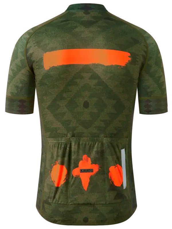 Green pattern cycling jersey with orange accents 