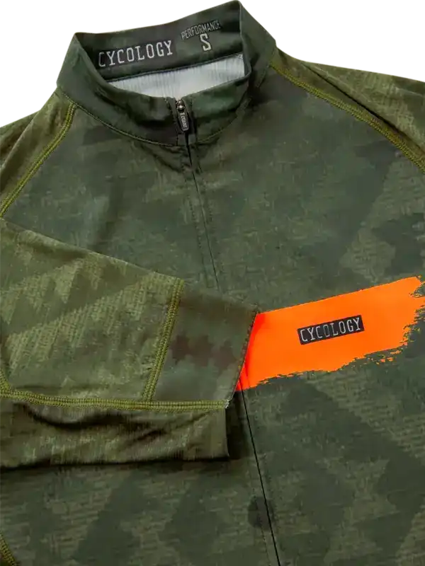 Men's green camo cycling jersey with orange accent, high-performance fabric, half-zip design
