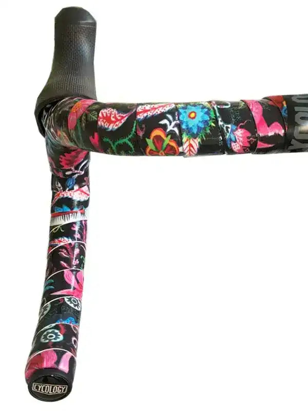 Colorful floral-patterned cycling handlebar tape with black grip, ideal for road bikes