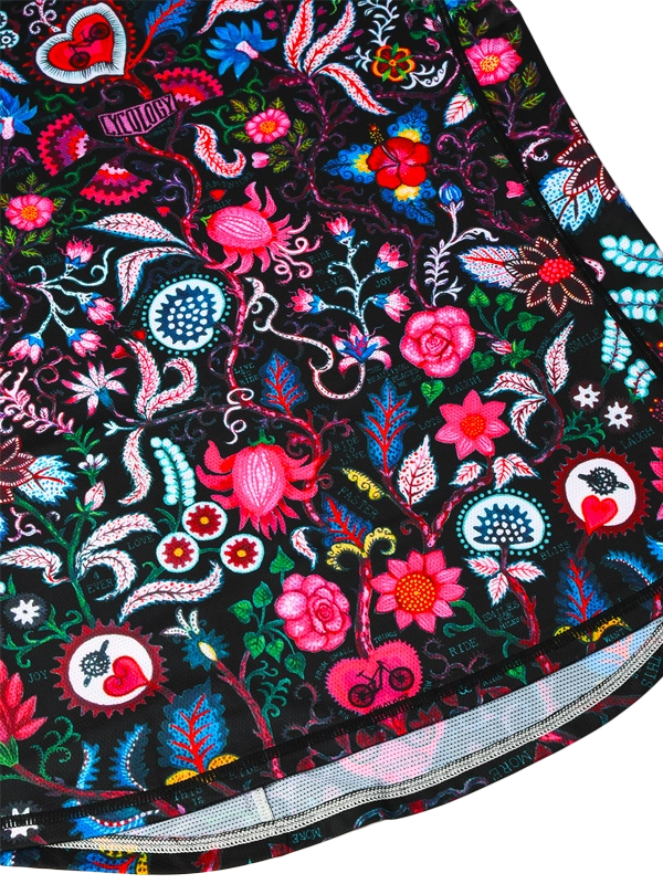Women's Colorful floral and paisley patterned short-sleeve MTB Jersey on a Black background