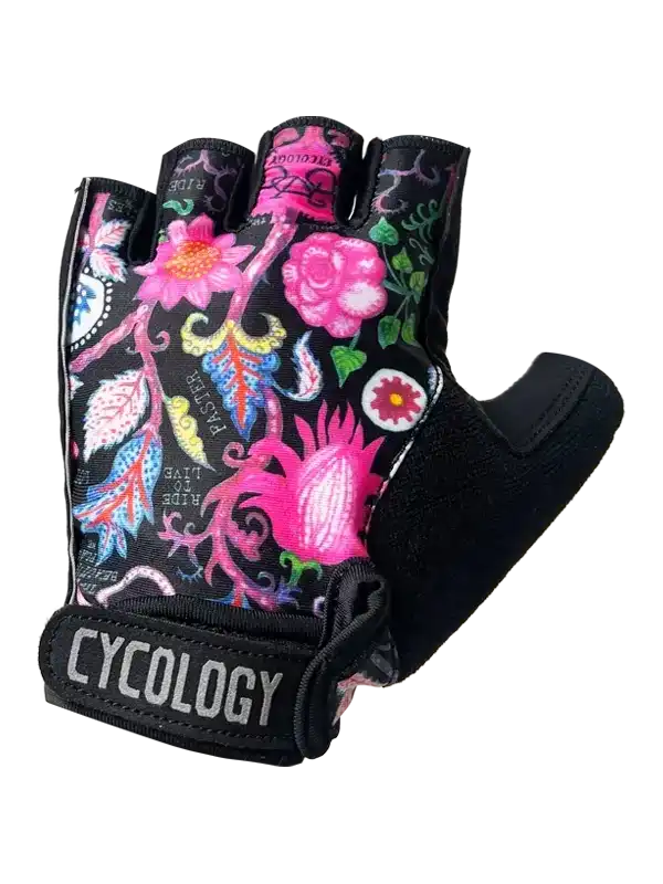 Women's cycling glove with vibrant floral print, pink roses, and 'CYCOLOGY' wrist strap for grip and style.
