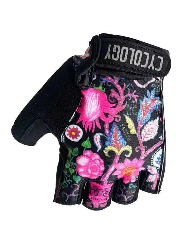 Cycling gloves with vibrant floral design, ideal for men and women riders seeking comfort and style.