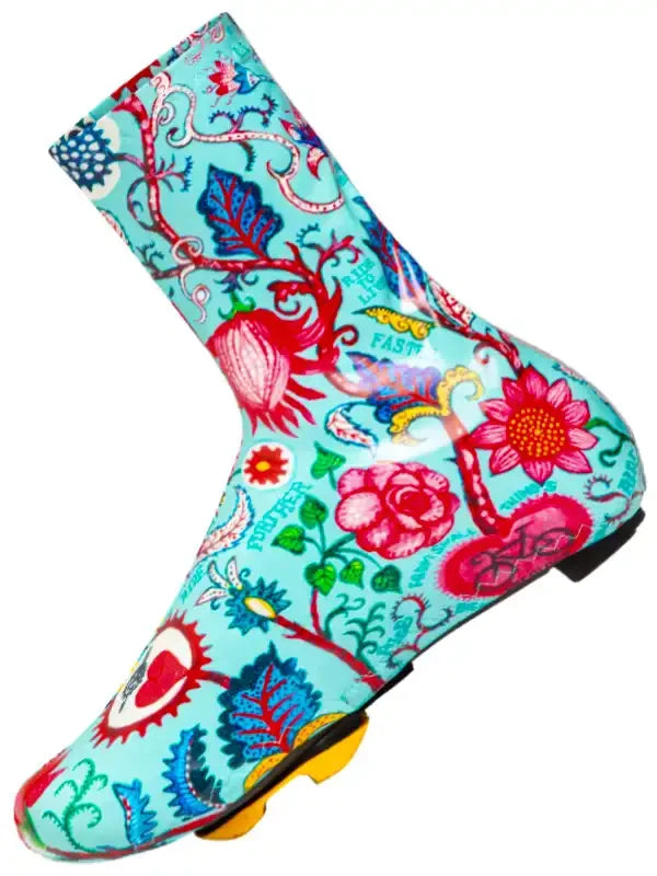 Colorful floral cycling shoe cover with vibrant patterns for road bike riders