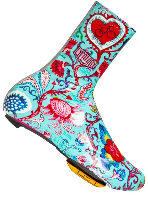 Colorful cycling shoe cover with floral and heart bike design, ideal for women's or men's cycling gear