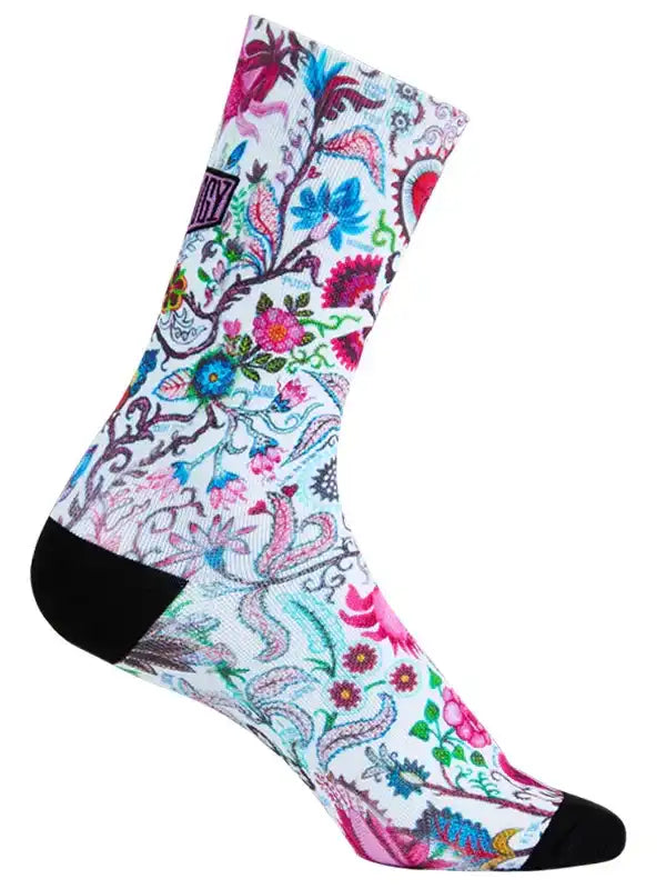 Colorful floral cycling socks with vibrant paisley design, black toe and heel, ideal for bike rides
