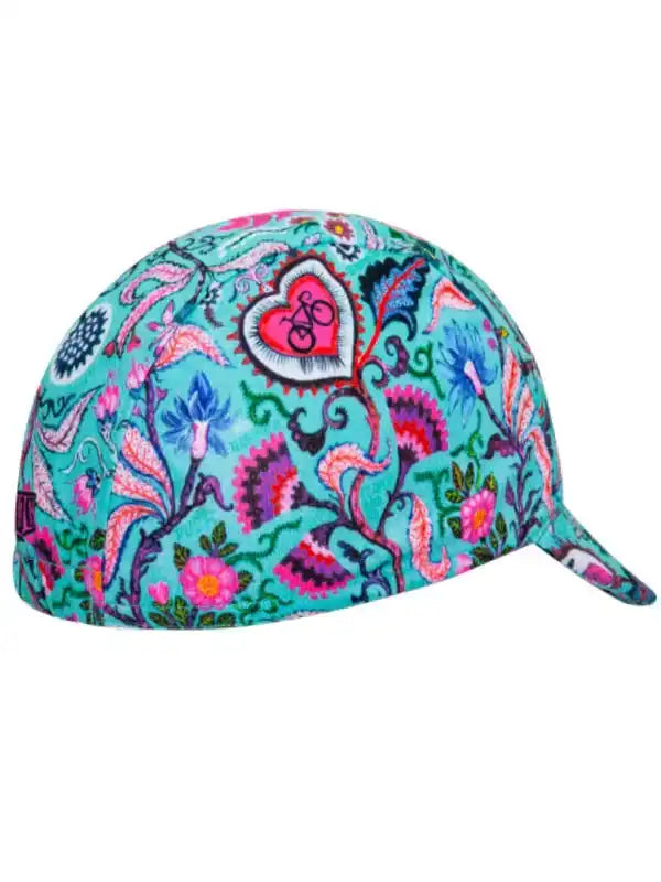 Colorful floral cycling cap with heart and bike design, perfect for women's bike rides