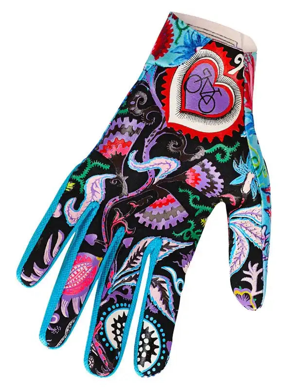 Colorful cycling glove with heart & bike design, vibrant patterns, ideal for men and women riders