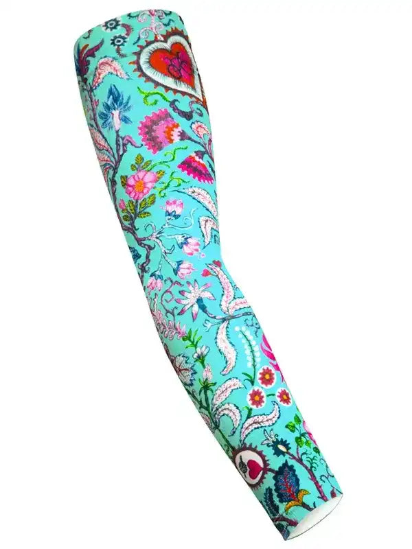 Colorful floral cycling arm sleeve with heart design, perfect for women's bike rides