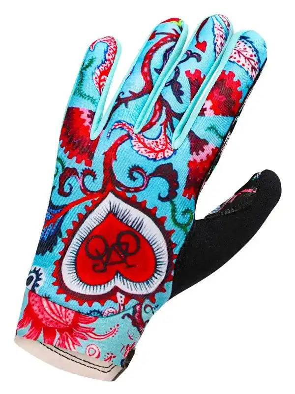 Colorful cycling glove with red heart and paisley design, breathable fabric, ideal for men and women riders