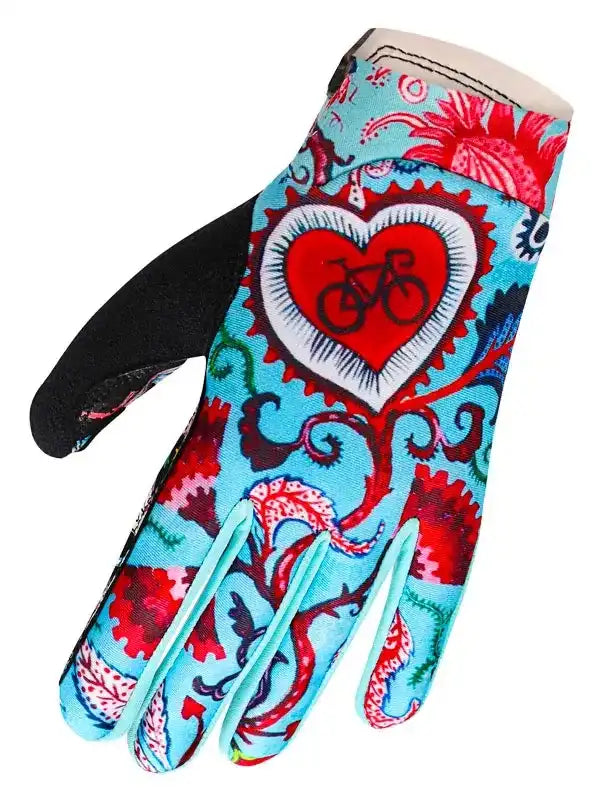 Colorful cycling glove with heart and bike design, floral patterns, black palm grip