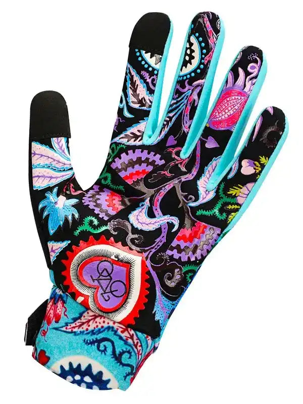 Colorful cycling glove with vibrant floral and gear pattern, touchscreen tips, ideal for women's bike rides