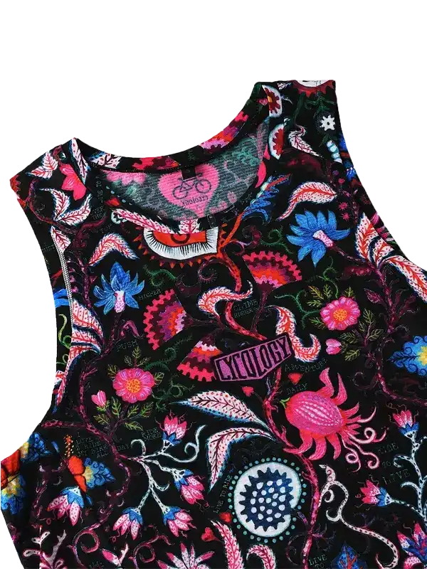 Vibrant floral cycling tank top with bold patterns and unique designs for women