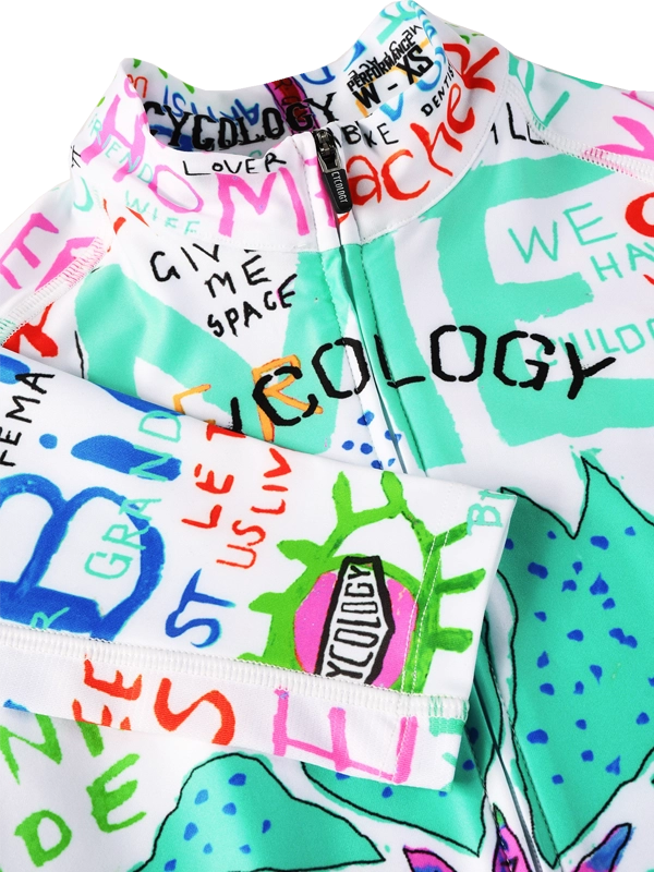 Colorful long-sleeve cycling jersey with artistic designs and text on a white background