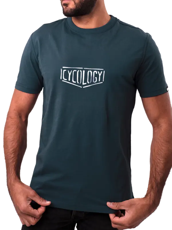 Person wearing a blue t-shirt with 'Cycology' logo on a white background