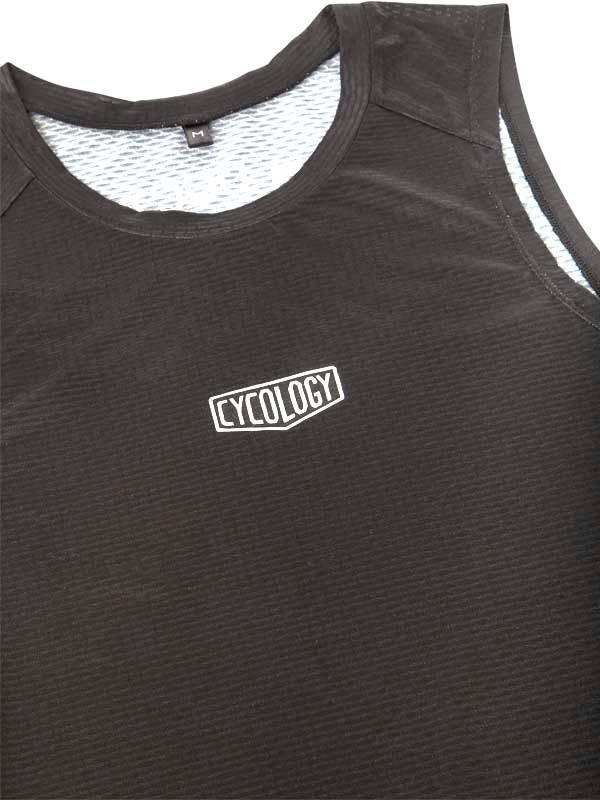 Black cycling tank top with white Cycology logo, breathable mesh back, performance fabric