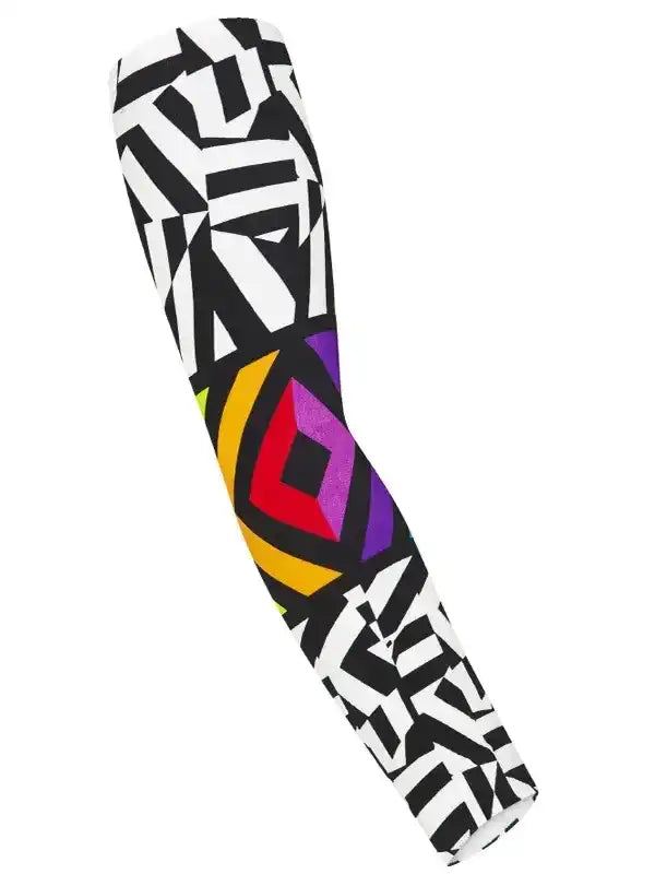 Colorful geometric cycling arm sleeve with black white and vibrant patterns for men and women