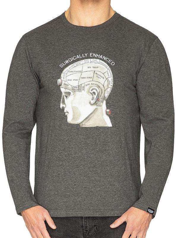Men's dark grey long sleeve cycling shirt with 'Surgically Enhanced' brain graphic design