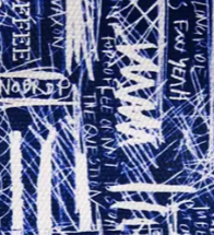 Blue and white abstract graphic print pattern with stylized text on cycling fabric.