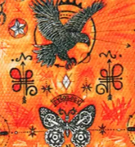 Orange cycling jersey pattern featuring a black eagle, butterfly, and mystical symbols.