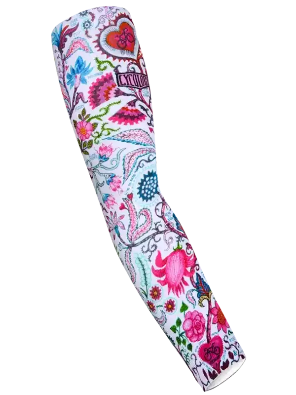 Colorful floral cycling arm sleeve with heart and bike designs