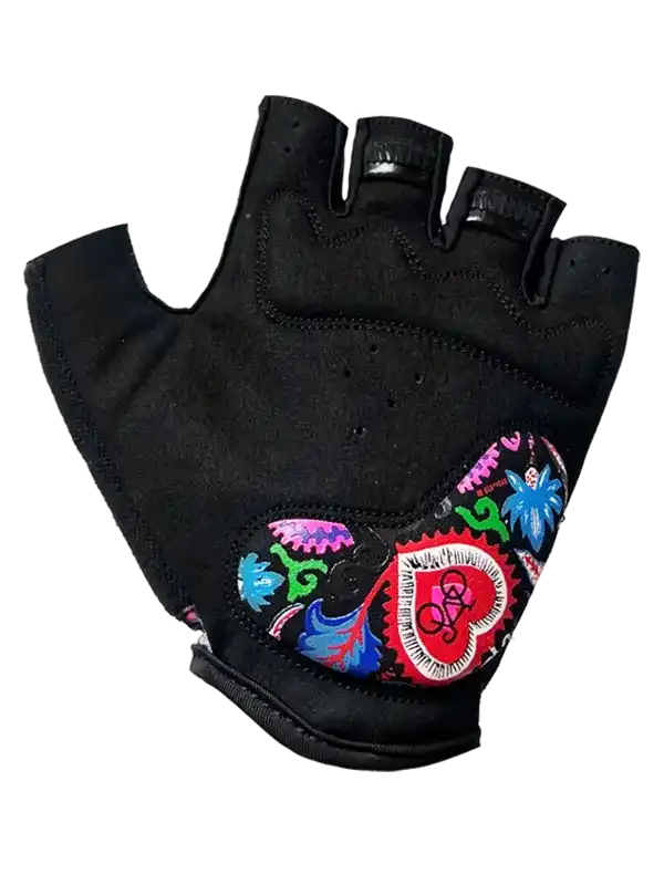 Black cycling glove with colorful floral embroidery and padded palm for comfort