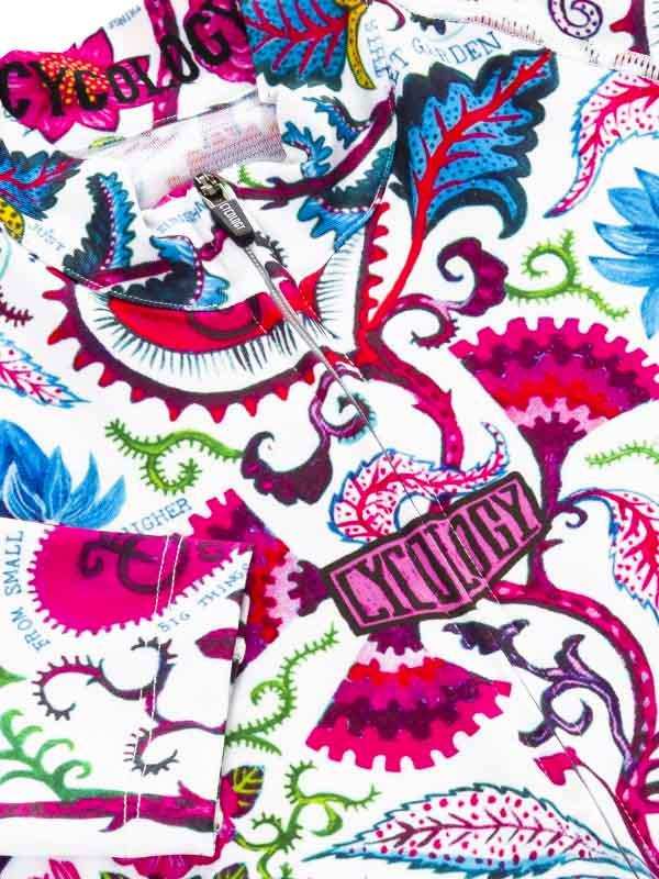 Vibrant floral and gear print cycling jersey with zipper detail, ideal for men's and women's bike wear