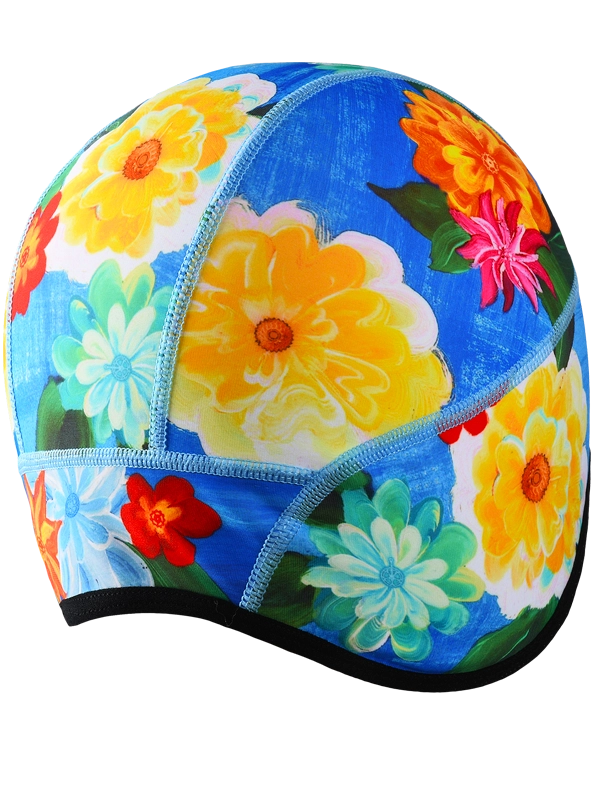 Colorful blue cycling beanie with floral design and Cycology branding 