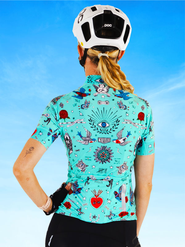 Tattoo Blue Women's Cycling Jersey on model back view  | Cycology AUS
