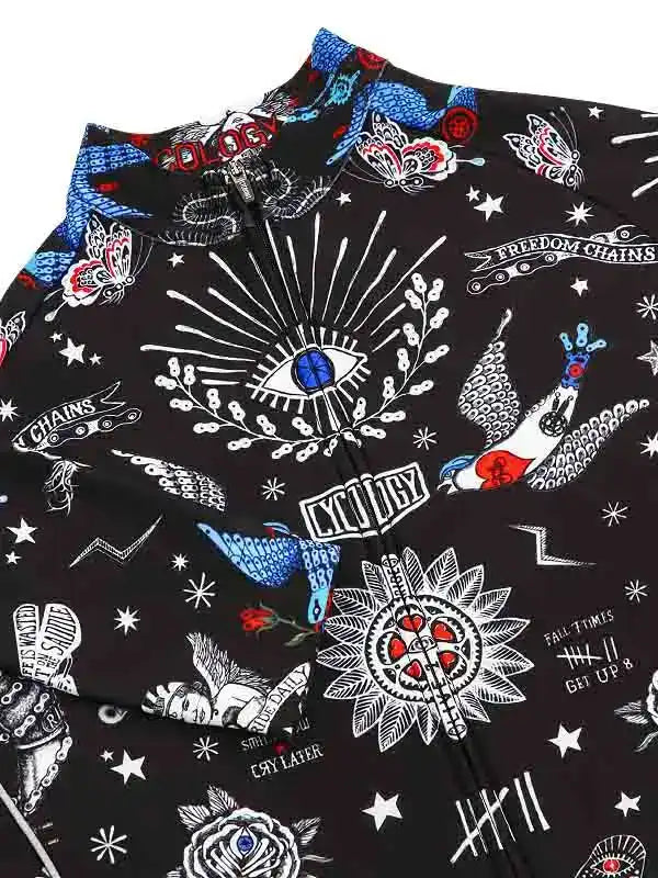 Black cycling jersey with bold tattoo-style graphics, eye motifs, butterflies, and stars for men and women
