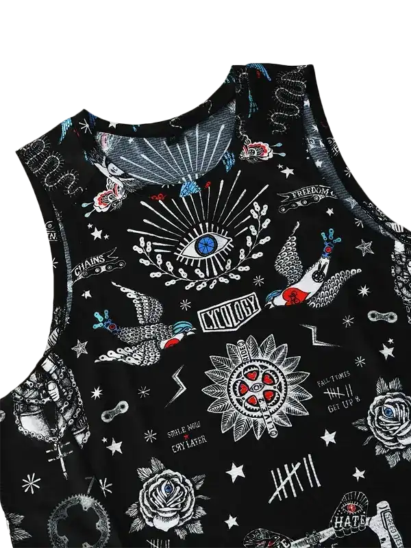 Black sleeveless cycling jersey with tattoo-style graphics, roses, eye, and 'Cycology' text