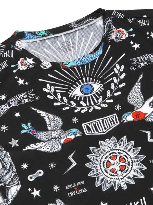 Black cycling jersey with tattoo-style eye, birds, and 'Cycology' print for men's and women's bike wear