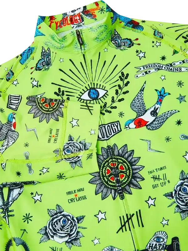 Vibrant neon green cycling jersey with tattoo-style graphics, roses, eyes, and stars for men's and women's rides