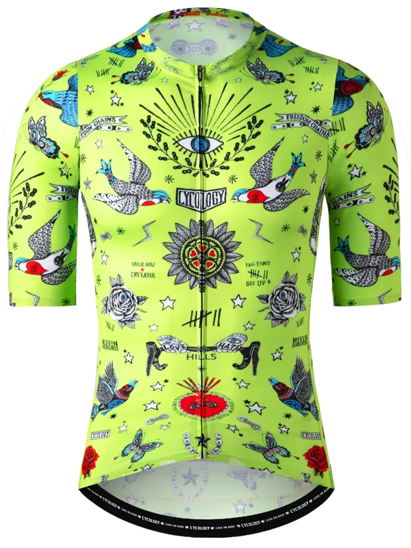 Tattoo  Men's  Short Sleeve Reborn Jersey with abstract designs on a lime background