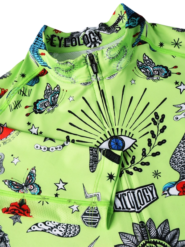 Colorful  lime men's long sleeve cycling jersey with intricate designs
