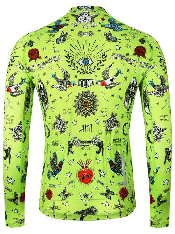 Colorful  lime men's long sleeve cycling jersey with intricate designs