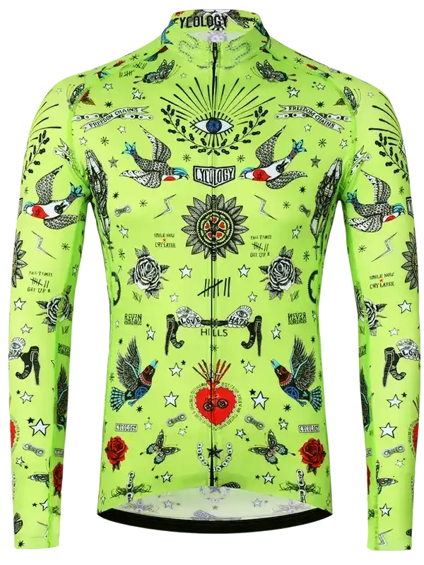 Vibrant neon green men's cycling jersey with tattoo-style birds, roses, and stars print