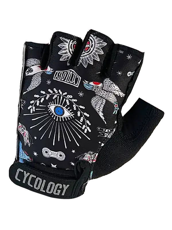 Black fingerless cycling glove with eye and tattoo-style graphics, featuring 'CYCOLOGY' wrist strap